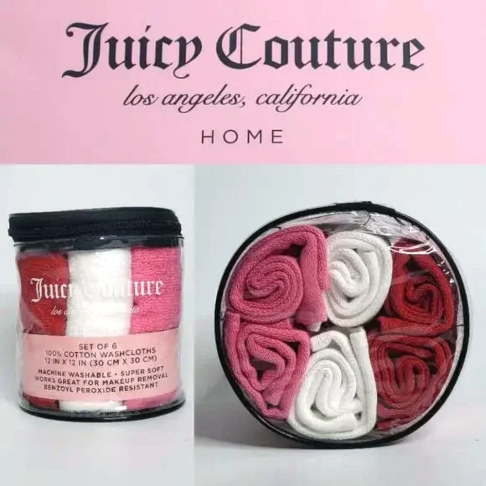Juicy Couture Washcloths 6 Set 12”X12” W/H Pink Red White with reuse-able bag